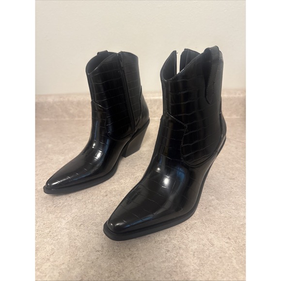 Women's Black Croc Embossed Faux Leather Mid-Calf Cowgirl Boots Size 7‎ Misshoe - Picture 1 of 8